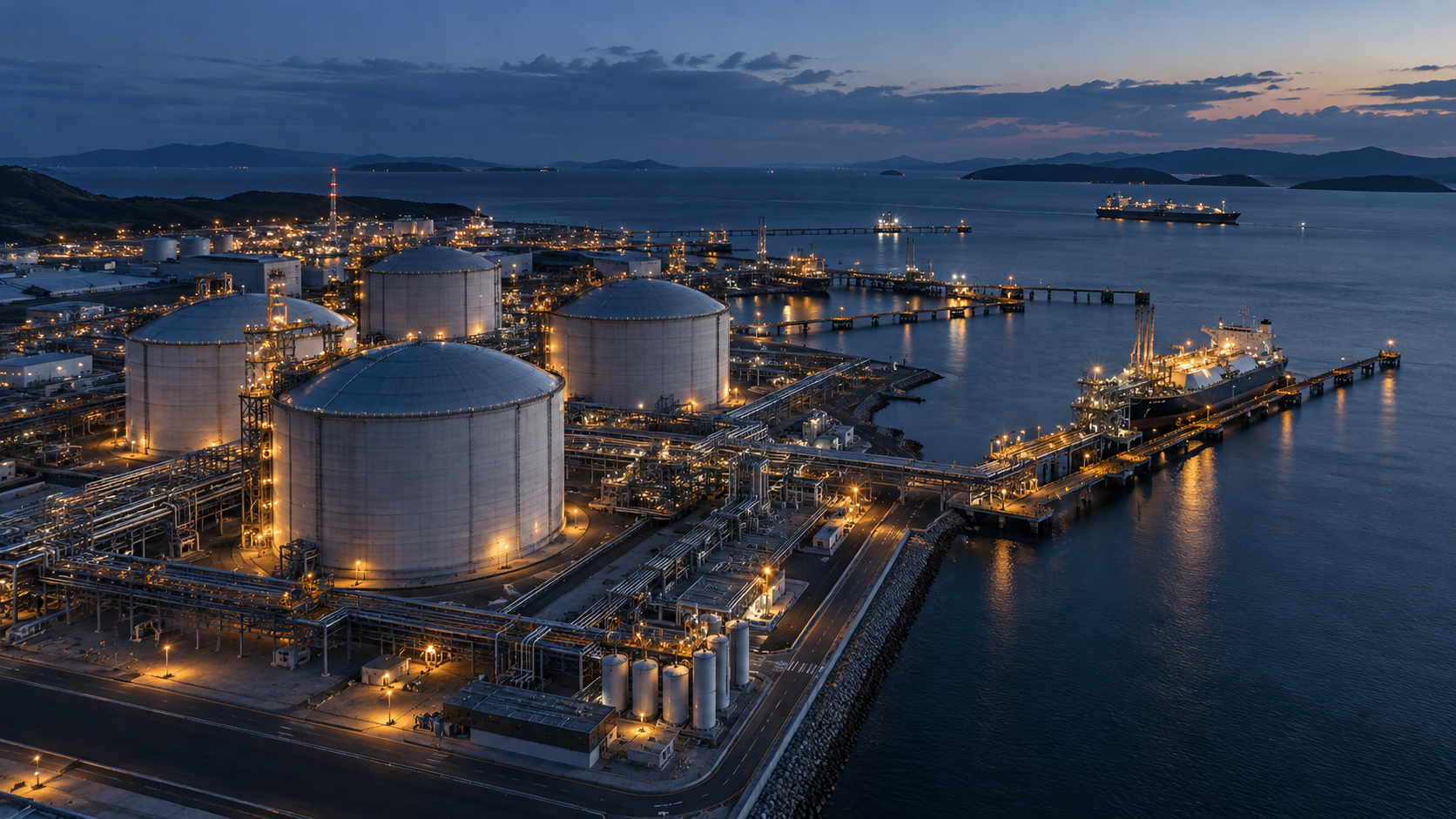 Illustrative aerial view of coastal energy infrastructure at blue hour